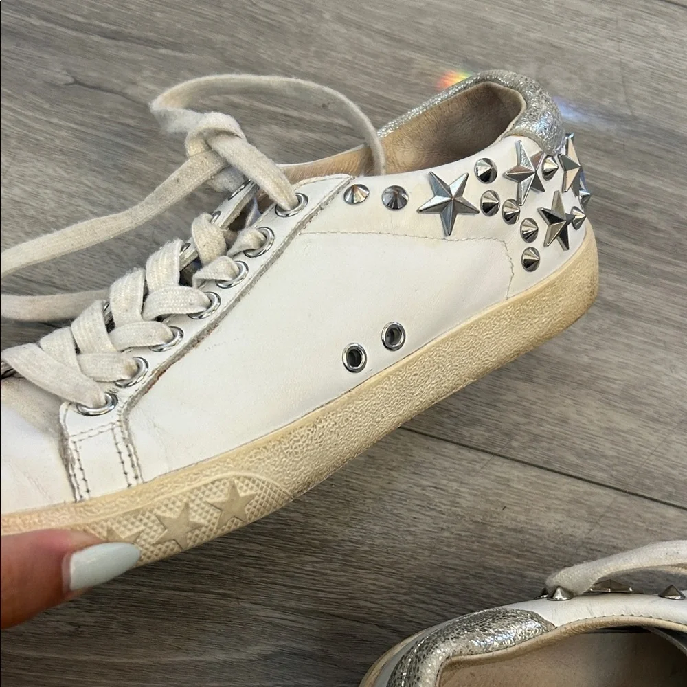ASH Brand Women's Dazed Stars & Studs Leather Shoes Sneakers White Silver Sz 37